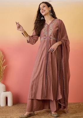 Brown Embroidered Silk Plazzo Set With Dupatta