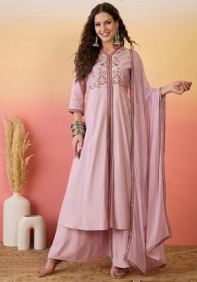 Light Pink Embroidered Silk Plazzo Set With Dupatta
