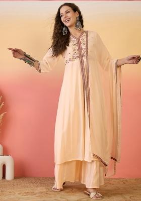 Cream Embroidered Silk Plazzo Set With Dupatta