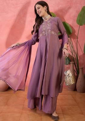 Onion Pink Embroidered Silk Plazzo Set With Dupatta