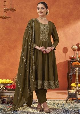 Dark Golden Embroidered Silk Blend Salwar Kameez With Dupatta
