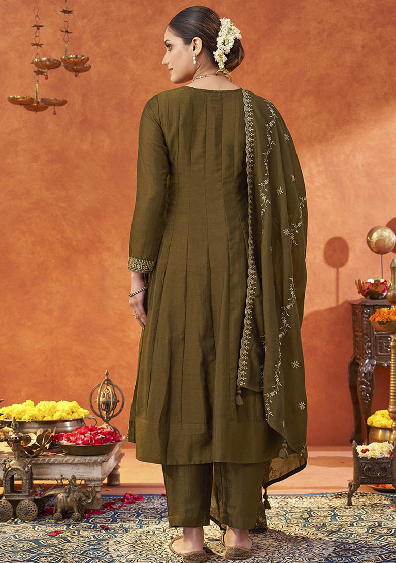 Dark Golden Embroidered Silk Blend Salwar Kameez With Dupatta