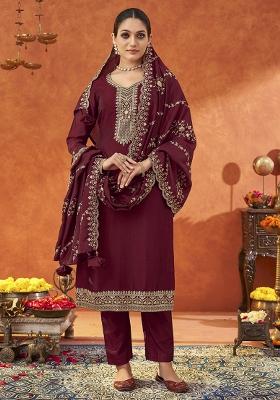 Maroon Embroidered Silk Blend Salwar Kameez With Dupatta