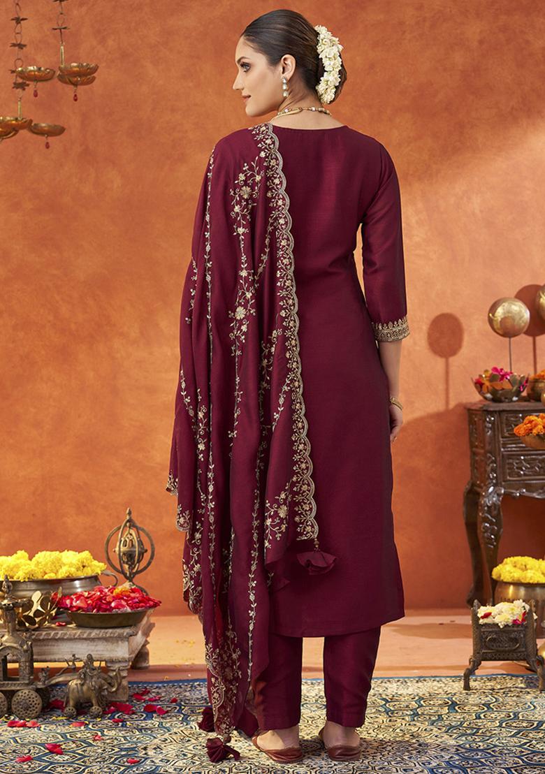 Maroon Embroidered Silk Blend Salwar Kameez With Dupatta