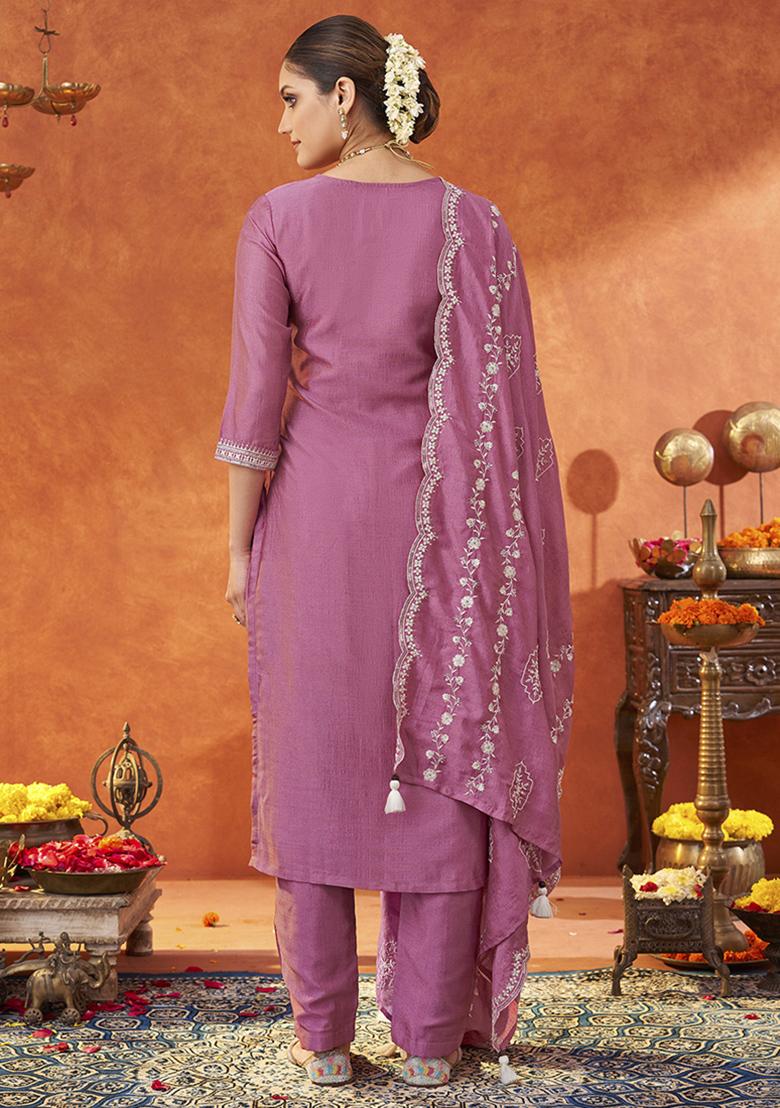 Pink Embroidered Silk Blend Salwar Kameez With Dupatta