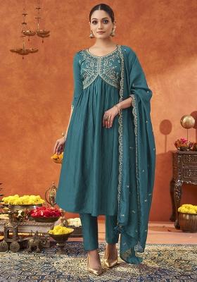 Turquoise Blue Embroidered Silk Blend Salwar Kameez With Dupatta