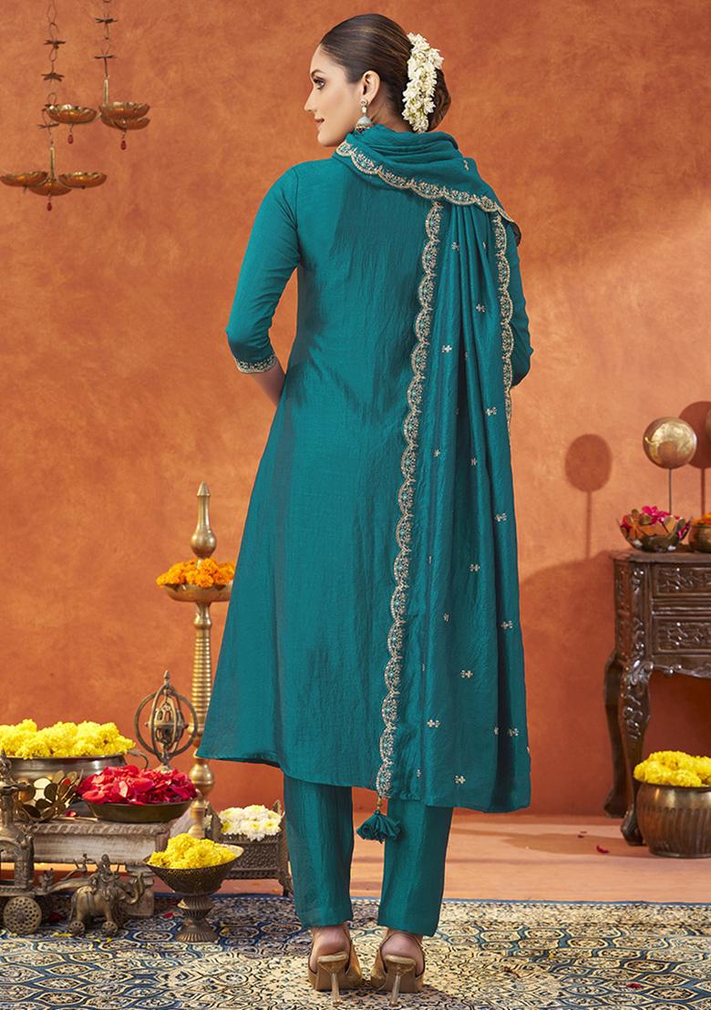 Turquoise Blue Embroidered Silk Blend Salwar Kameez With Dupatta