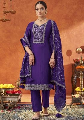 Violet Embroidered Silk Blend Salwar Kameez With Dupatta