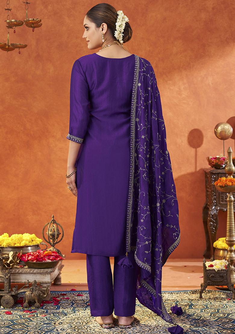 Violet Embroidered Silk Blend Salwar Kameez With Dupatta