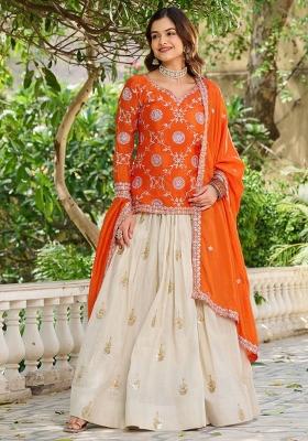 Orange Embroidered Art Silk Lehenga Set With Dupatta