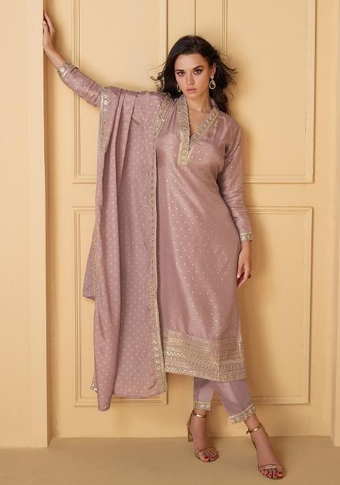 Rose Gold Embroidered Jacquard Silk Salwar Kameez With Dupatta