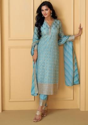 Blue Embroidered Jacquard Silk Salwar Kameez With Dupatta