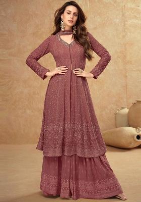 Brown Embroidered Georgette Anarkali Set With Dupatta