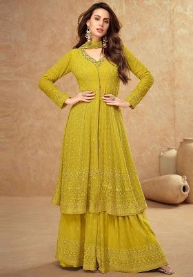 Mustard Yellow Embroidered Georgette Anarkali Set With Dupatta