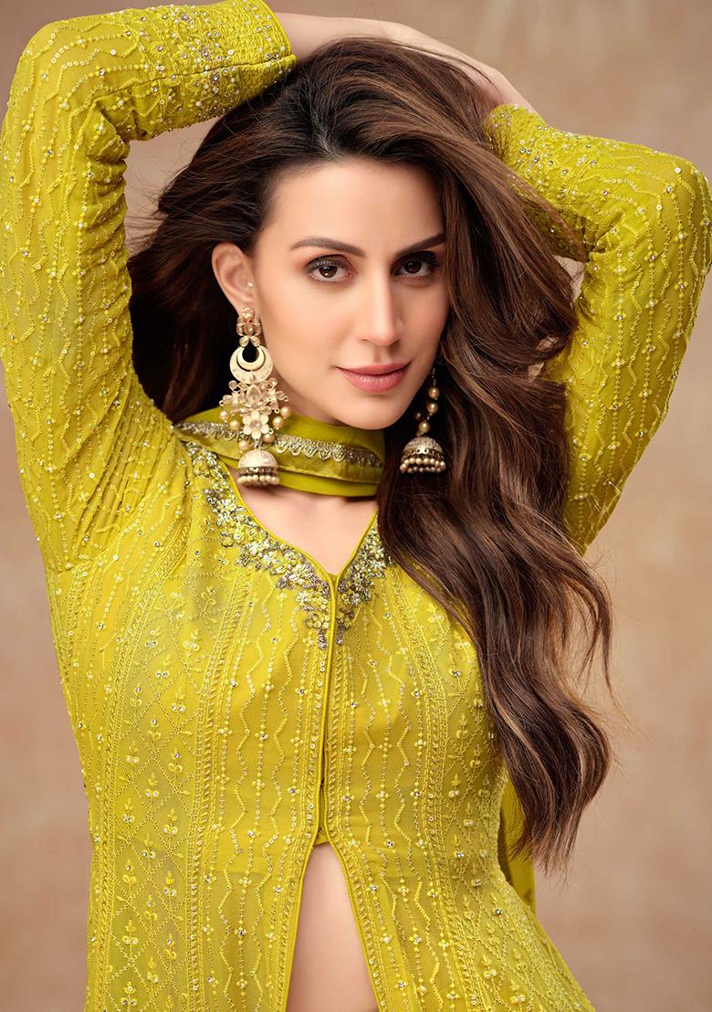 Mustard Yellow Embroidered Georgette Anarkali Set With Dupatta