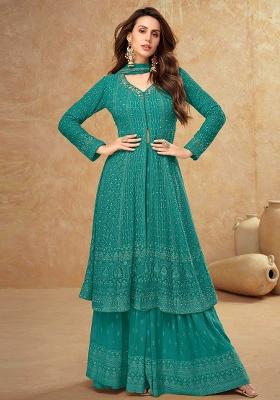 Teal Green Embroidered Georgette Anarkali Set With Dupatta