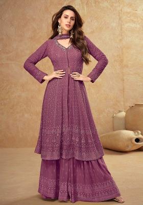 Mauve Embroidered Georgette Anarkali Set With Dupatta