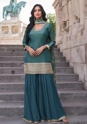 Blue Embroidered Chinon Sharara Set