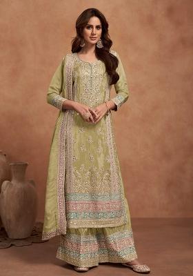 Olive Green Embroidered Simar Silk Palazzo Set With Dupatta