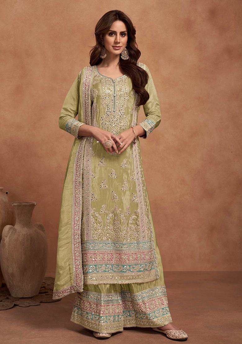 Olive Green Embroidered Simar Silk Palazzo Set With Dupatta