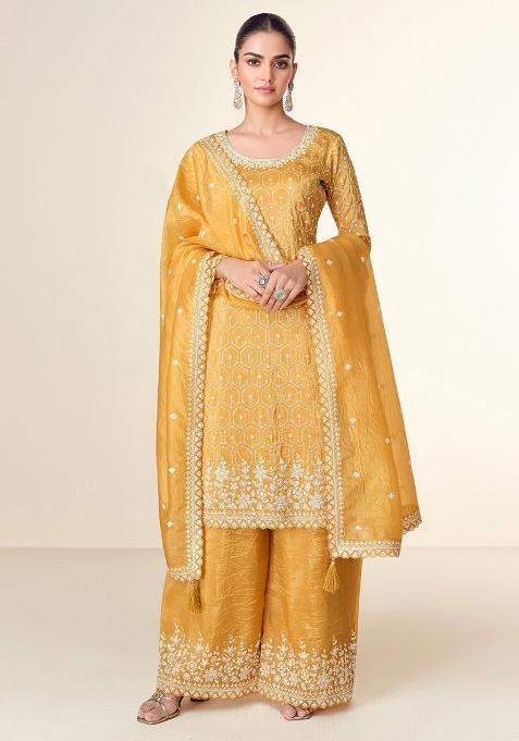 Mustard Yellow Embroidered Tissue Crush Palazzo Set With Dupatta
