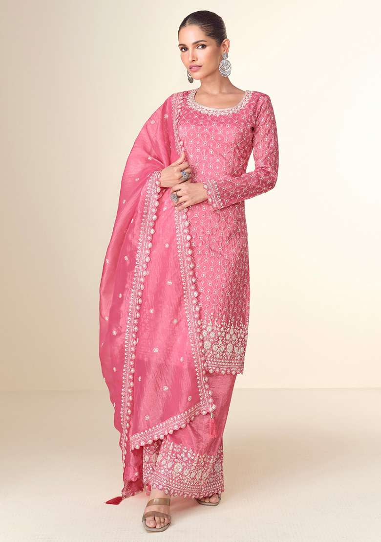 Pink Embroidered Tissue Pakistani Suit Set - Indya
