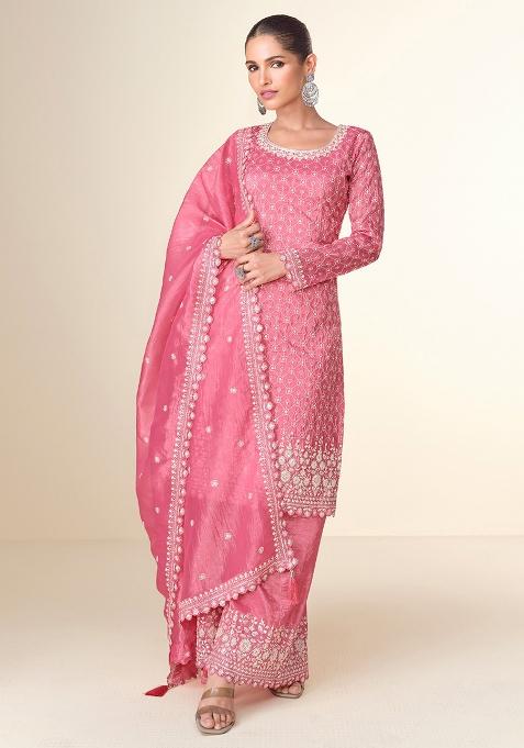 Pink Embroidered Tissue Crush Palazzo Set With Dupatta