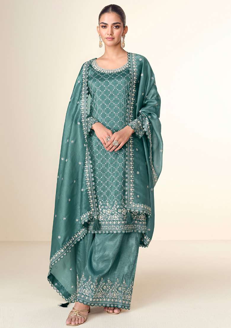Teal Green Embroidered Tissue Straight Kurta Set - Indya