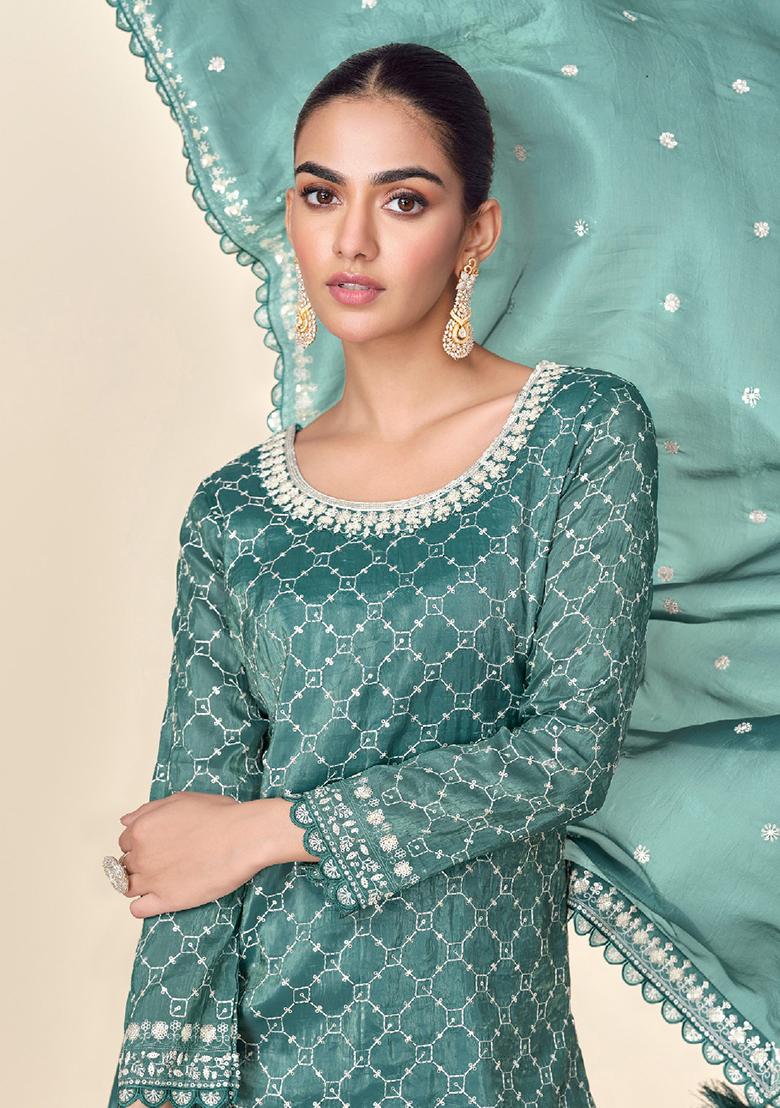 Teal Green Embroidered Tissue Crush Palazzo Set With Dupatta