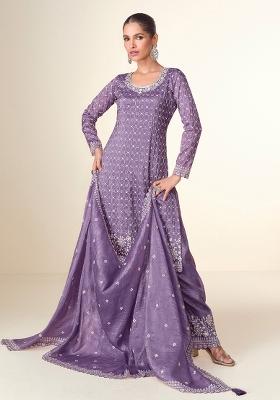 Purple Embroidered Tissue Crush Palazzo Set With Dupatta