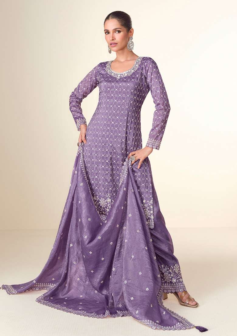 Purple Embroidered Tissue Crush Palazzo Set With Dupatta - Indya