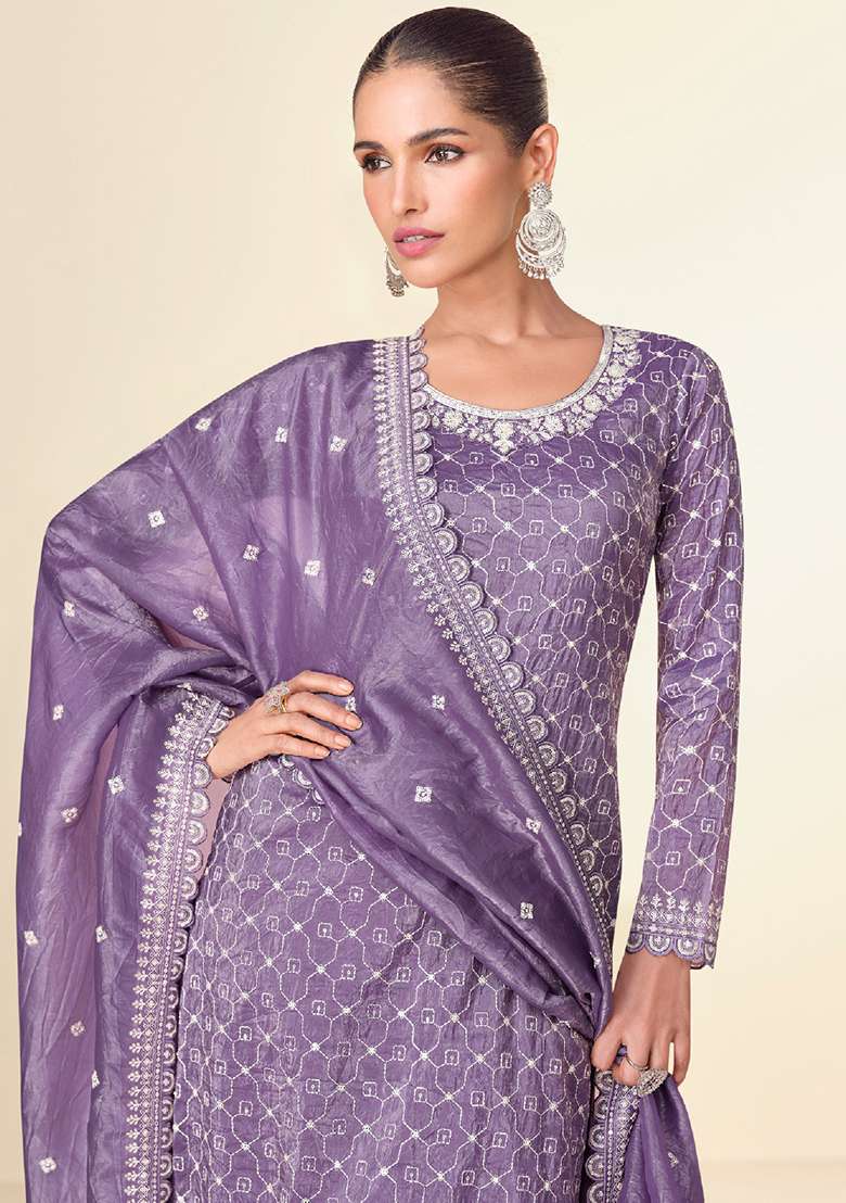 Purple Embroidered Tissue Crush Palazzo Set With Dupatta - Indya