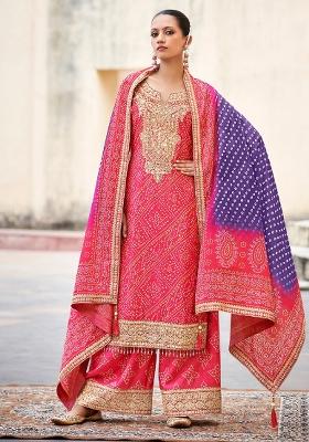 Pink Embroidered Chinnon Palazzo Set With Dupatta