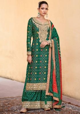 Green Embroidered Chinnon Palazzo Set With Dupatta