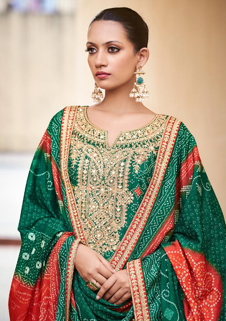 Green Embroidered Chinnon Palazzo Set With Dupatta