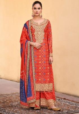 Orange Embroidered Chinnon Palazzo Set With Dupatta