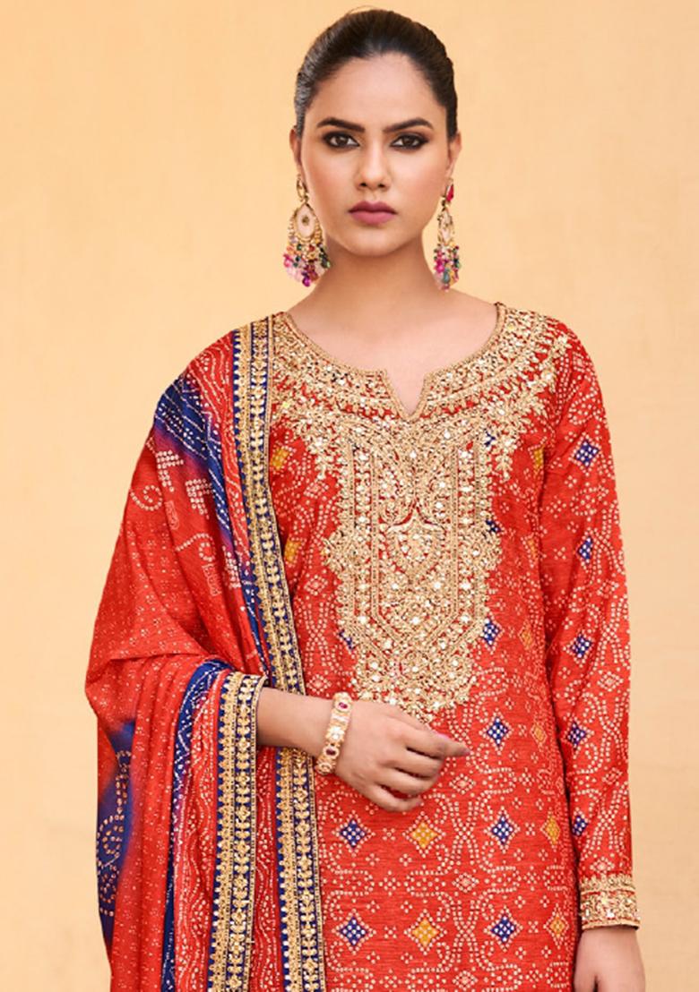Orange Embroidered Chinnon Palazzo Set With Dupatta