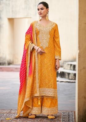Mustard Yellow Embroidered Chinnon Palazzo Set With Dupatta