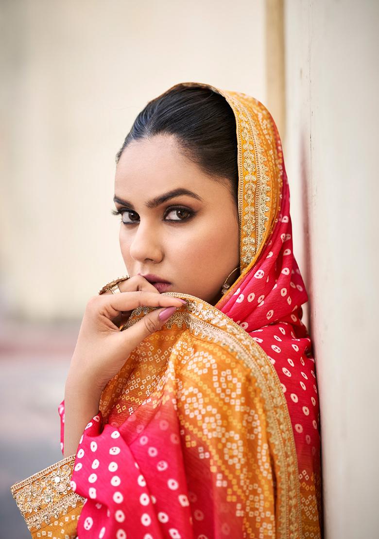 Mustard Yellow Embroidered Chinnon Palazzo Set With Dupatta