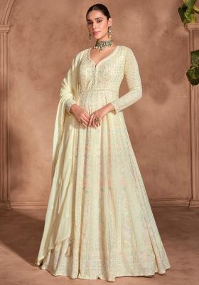 Beige Embroidered Georgette Anarkali Set With Dupatta