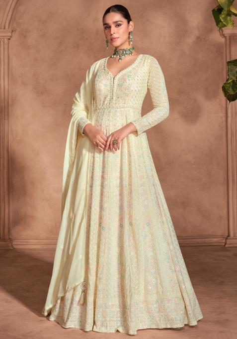 Beige Embroidered Georgette Anarkali Set With Dupatta