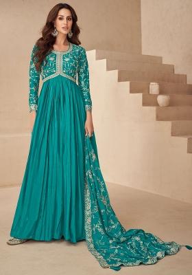 Blue Embroidered Chinnon Anarkali Set With Dupatta