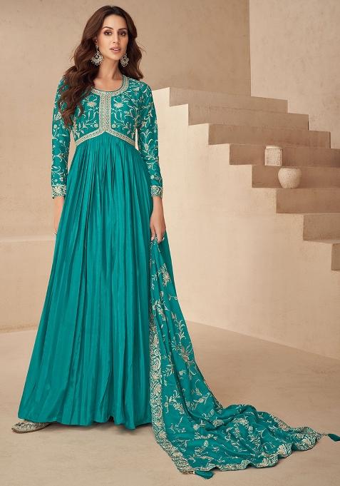 Blue Embroidered Chinnon Anarkali Set With Dupatta