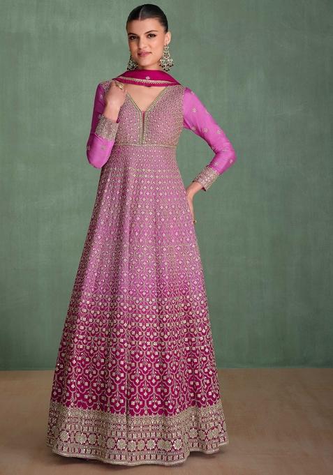 Pink Embroidered Chinnon Anarkali Set With Dupatta