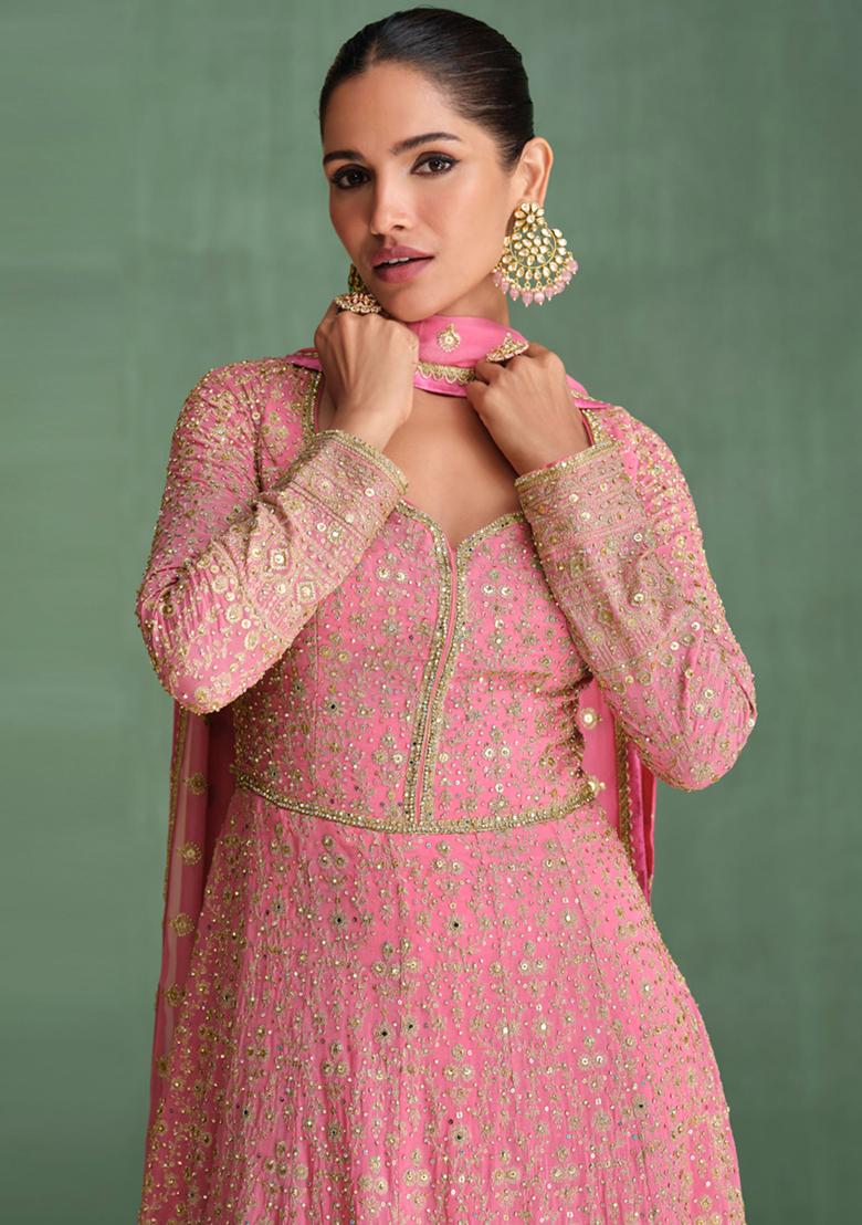 Pink Embroidered Georgette Anarkali Set With Dupatta
