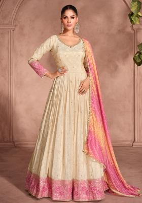 Cream Embroidered Jacquard Silk Anarkali Set With Dupatta