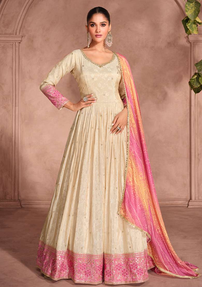 Cream Embroidered Jacquard Anarkali Set - Indya