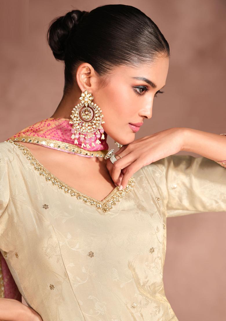 Cream Embroidered Jacquard Silk Anarkali Set With Dupatta