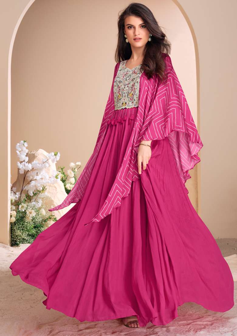 Pink Embroidered Chinnon Gown - Indya