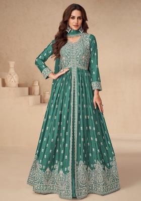 Green Embroidered Chinnon Anarkali Set With Dupatta